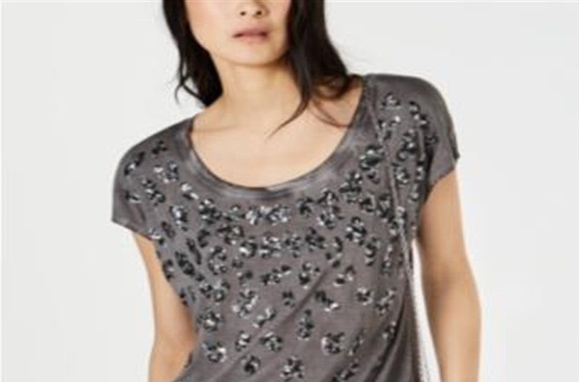 INC International Concepts Women's Sequined Animal Print Pullover Top Gray Size X-Small