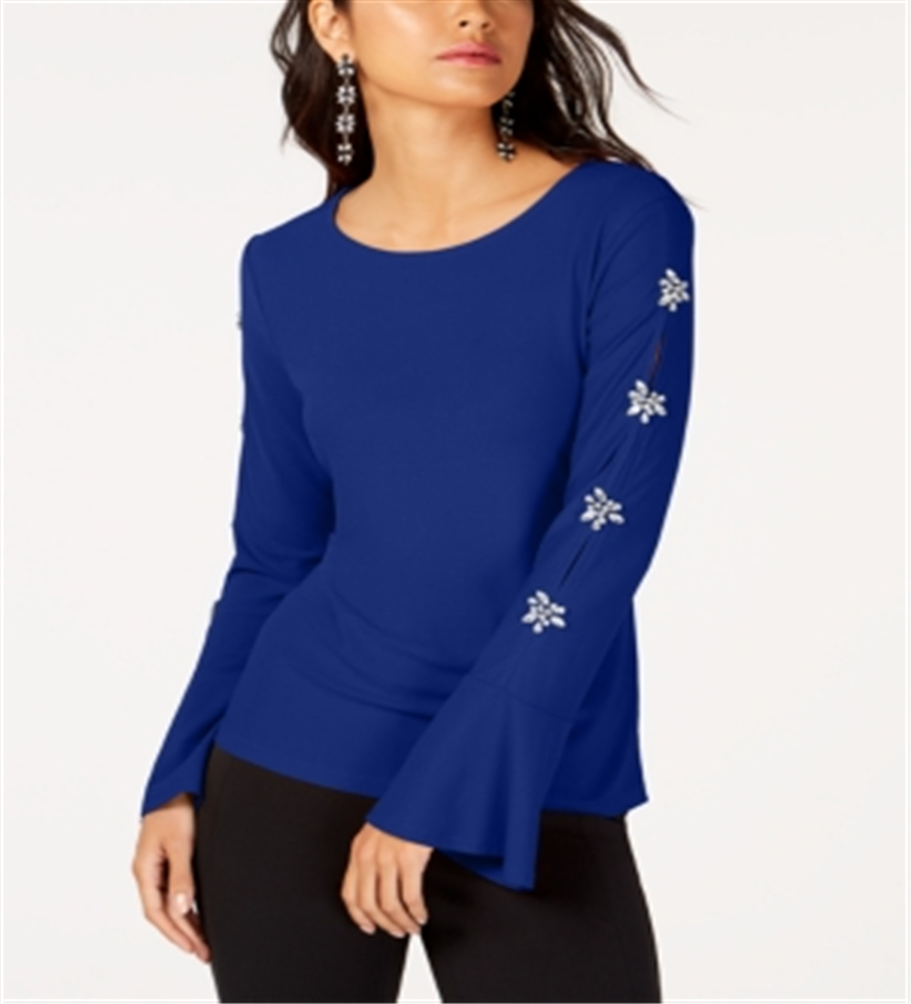 INC International Concepts Women's Embellished Sleeve Top Blue Size X-Small