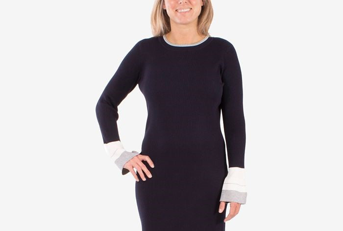NY Collection Women's Colorblocked Sweater Dress Blue Size Petite Medium