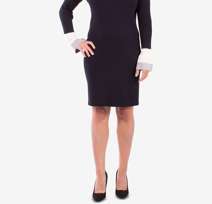 NY Collection Women's Colorblocked Sweater Dress Blue Size Petite Medium