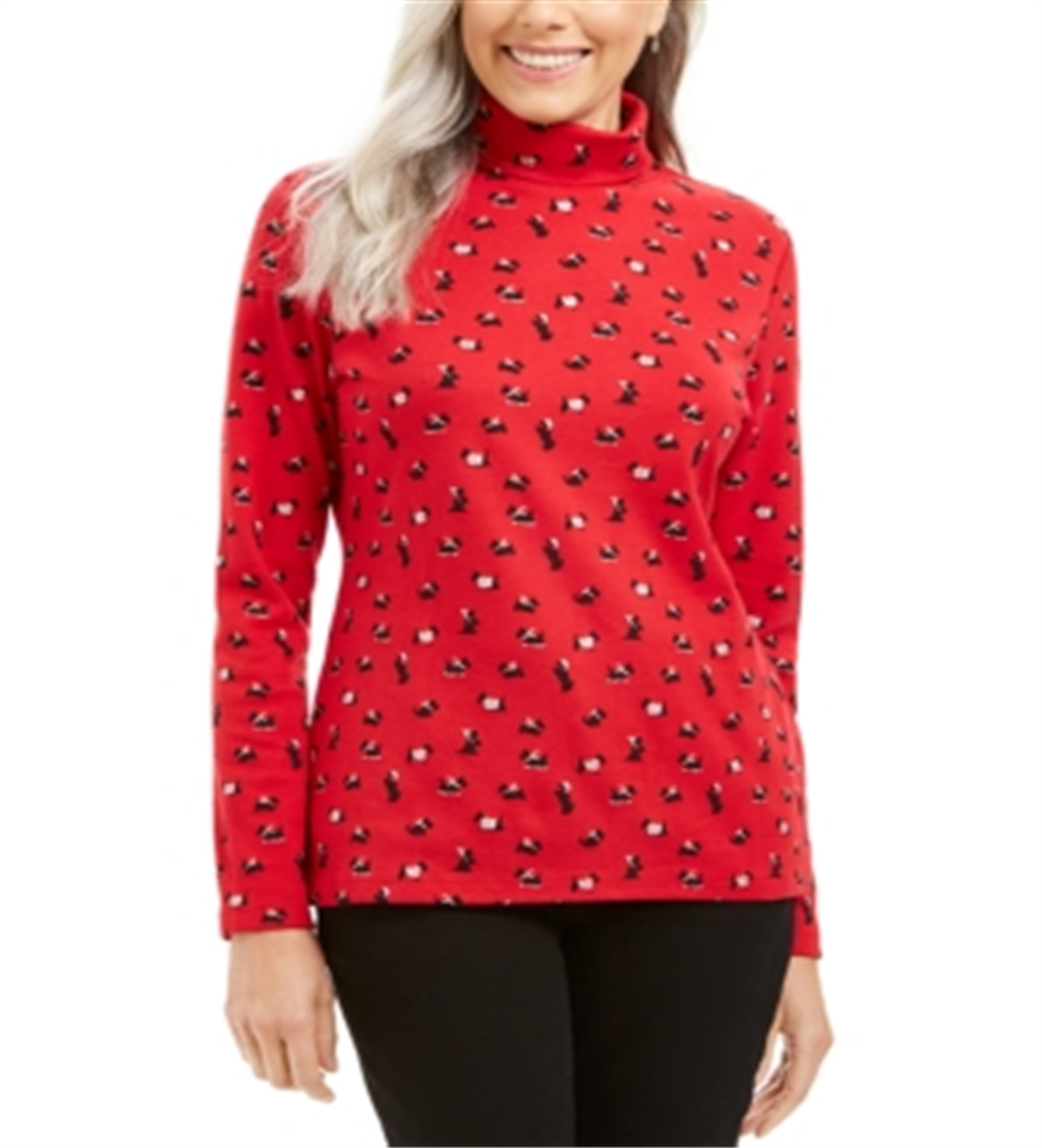 Karen Scott Women's Long Sleeve Turtleneck Printed Top Red Size Medium