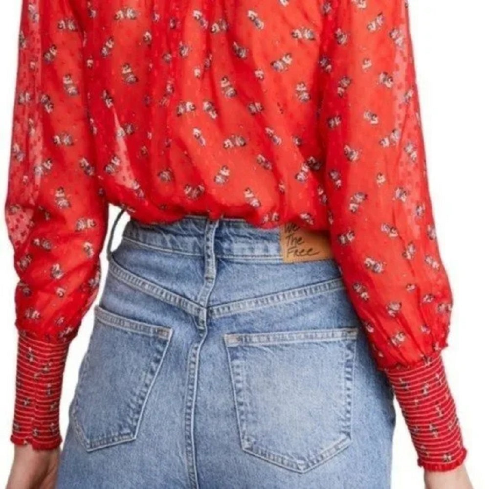 Free People Women's Flowers In December Print Sheer Blouse Red Size Medium