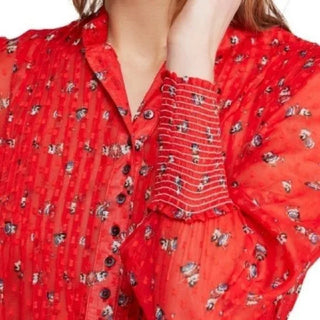 Free People Women's Flowers In December Print Sheer Blouse Red Size Medium