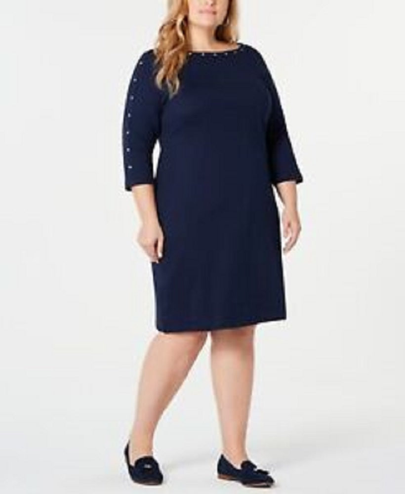 Karen Scott Women's Boat Neck Studded Dress Blue Size Petite