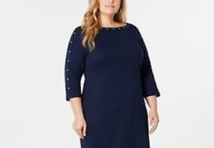 Karen Scott Women's Boat Neck Studded Dress Blue Size Petite