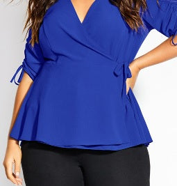 City Chic Women's Ruched Sleeve Top Blue Size S