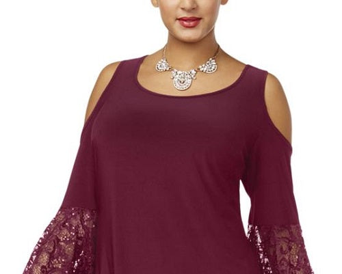 R & M Richards Women's Cold Shoulder Heather Bell Sleeve Scoop Neck Formal Shift Dress Red Size 22W