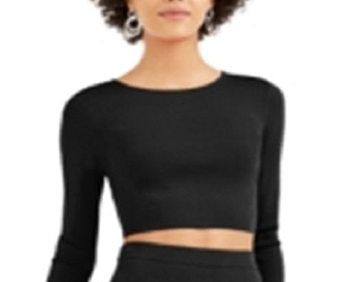 Bar III Women's Bodycon Cropped Crew Neck Sweater Black Size XX-Large