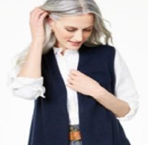 Charter Club Women's Ribbed Cashmere Duster Vest Blue Size Medium