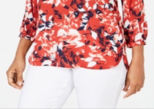 JM Collection Women's Printed Pleated Back Blouse Red Size XX-Large