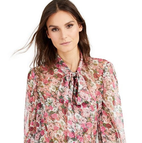 INC International Concepts Women's Sheer Floral Long Sleeve Blouse Pink Size X-Small