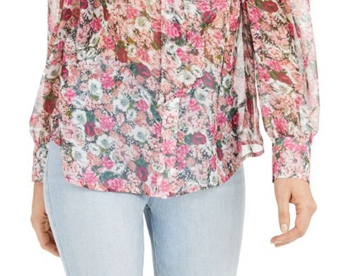INC International Concepts Women's Sheer Floral Long Sleeve Blouse Pink Size X-Small