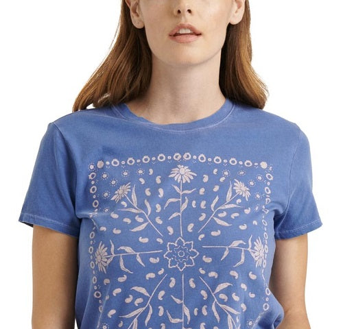 Lucky Brand Women's Short Sleeve Crew Neck Framed Bandana Tee Blue Size X-Small