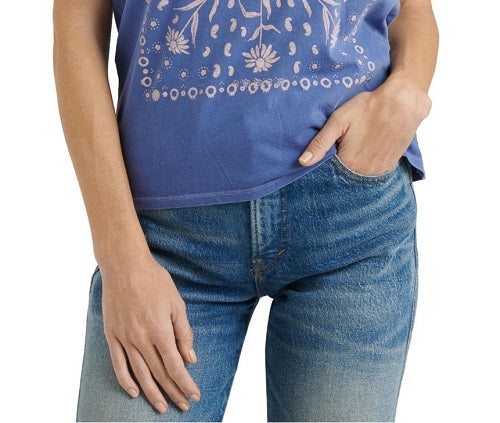Lucky Brand Women's Short Sleeve Crew Neck Framed Bandana Tee Blue Size X-Small