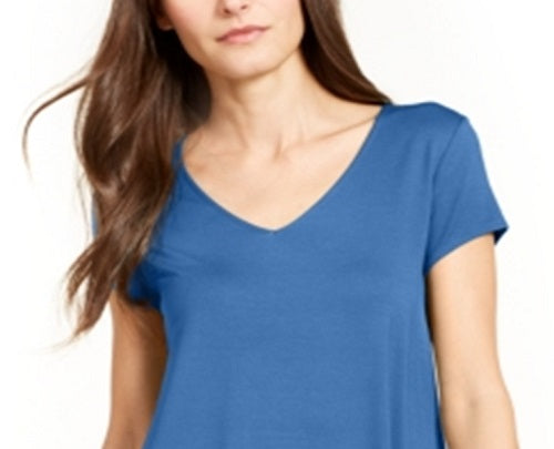 Alfani Women's Solid Short Sleeve V Neck Top Blue Size Small