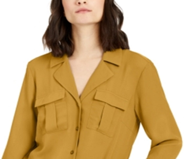 INC International Concepts Women's Utility Mixed Media Button Down Top Yellow Size Large