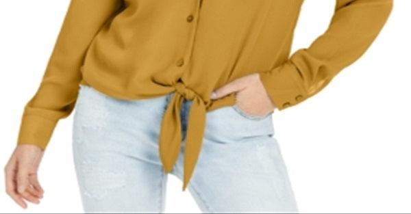 INC International Concepts Women's Utility Mixed Media Button Down Top Yellow Size Large