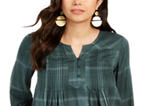 Style & Co Women's Plaid Split Neck Top Green Size X-Small