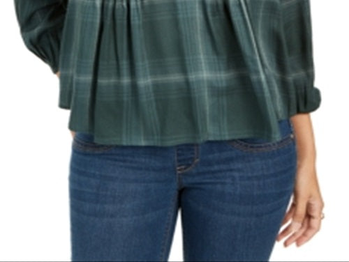 Style & Co Women's Plaid Split Neck Top Green Size X-Small