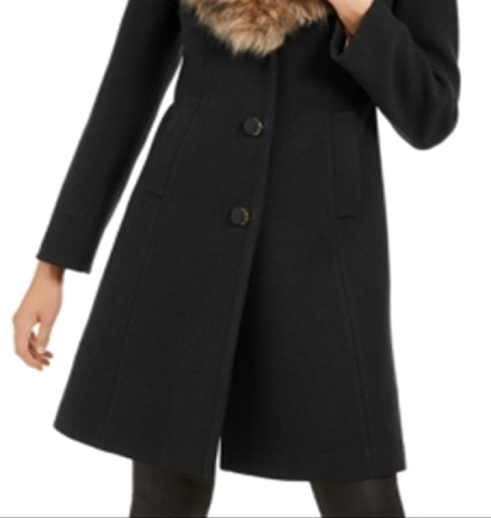 Kate Spade New York Women's Faux Fur Trim Coat Black Size X-Small