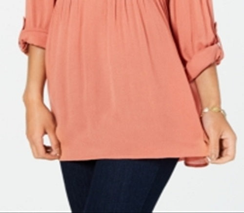 Style & Co Women's Roll Sleeve Oversized Shirt Orange Size X-Large