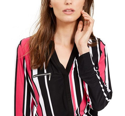 INC International Concepts Women's Striped Zip Detail Top Pink Size Medium