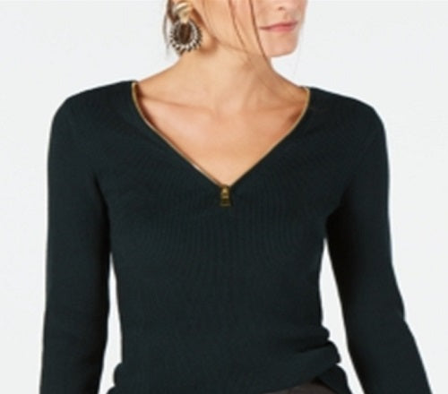 INC International Concepts Women's Zipper Embellished Sweater Green Size Large