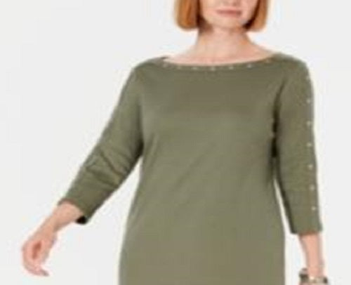 Karen Scott Women's Boat Neck Studded Dress Green Size Petite Medium