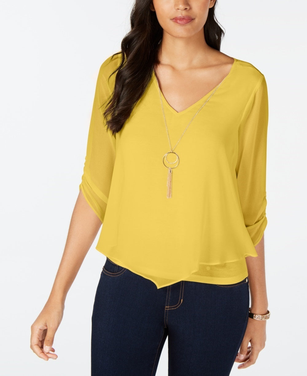 Thalia Sodi Women's Tie Sleeve Necklace Top Yellow Size Large