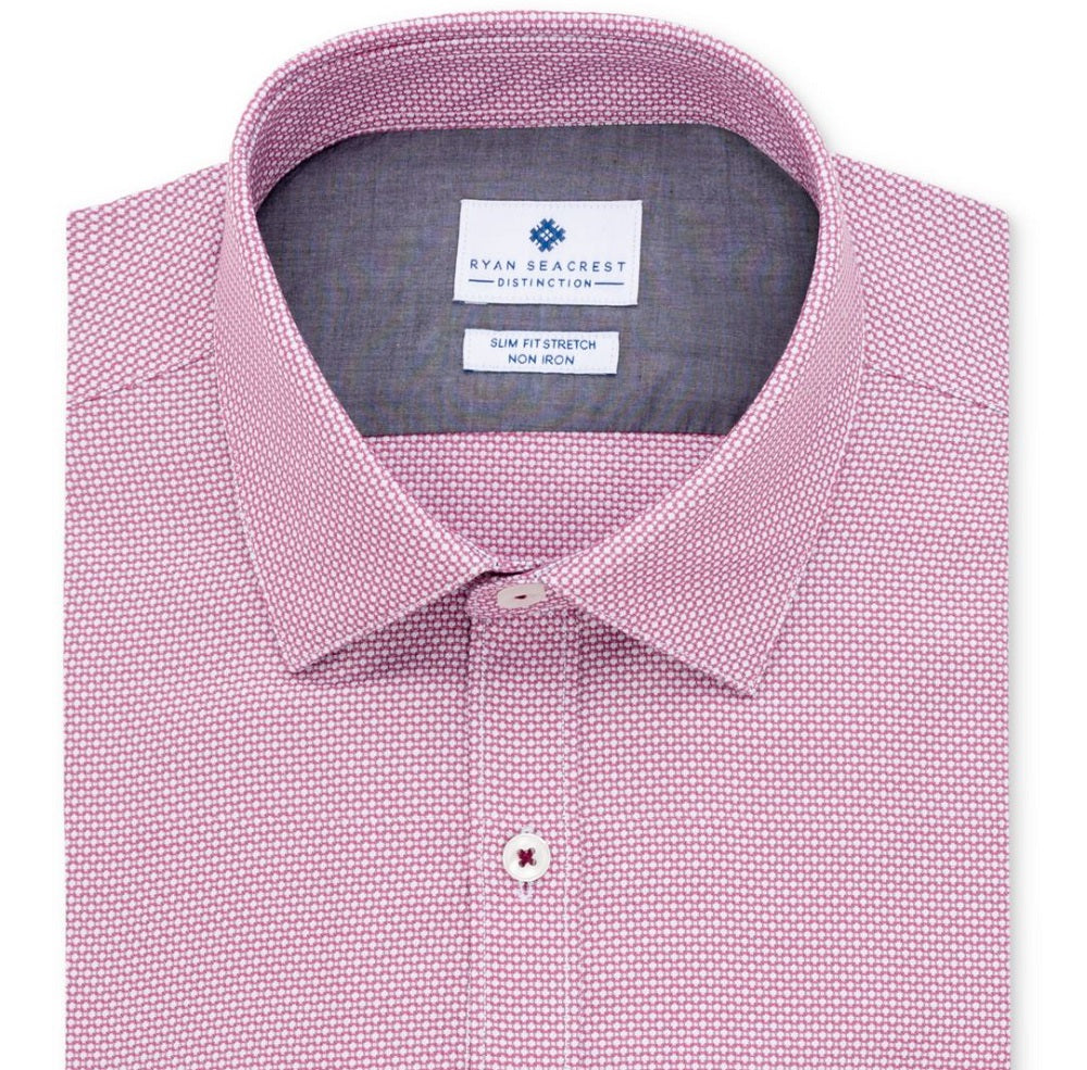 Ryan Seacrest Distinction Men's Ultimate Slim Fit Non Iron Performance Stretch Dobby Check Dress Shirt Pink Size 15.5X32-33