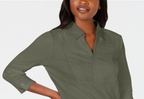 Karen Scott Women's Cotton Eyelet Yoke Top Green Size Medium