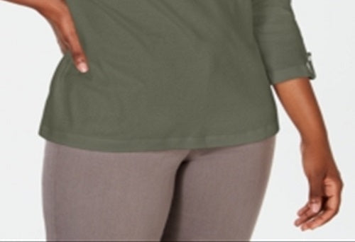 Karen Scott Women's Cotton Eyelet Yoke Top Green Size Medium