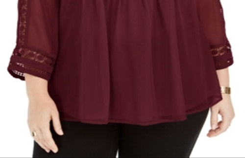 Charter Club Women's Pintuck Front Lace Sleeve Top Red Size 3X