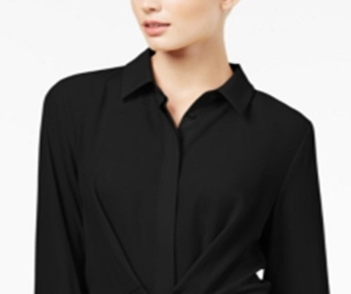 INC International Concepts Women's Knot Front Long Sleeves Button Down Top Black Size Medium