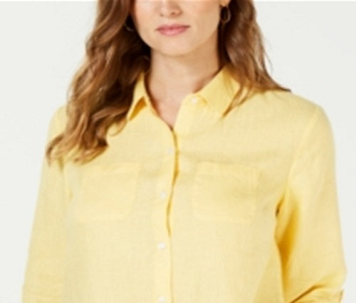 Charter Club Women's Linen Button Front Shirt Yellow Size Petite