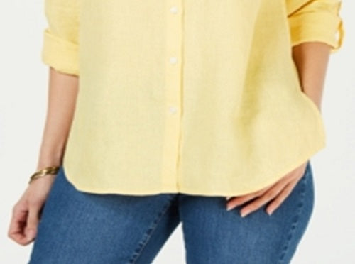 Charter Club Women's Linen Button Front Shirt Yellow Size Petite