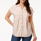 Style & Co Women's Collared Short Sleeve Henley Button up Wear to Work Top Pink Size Large