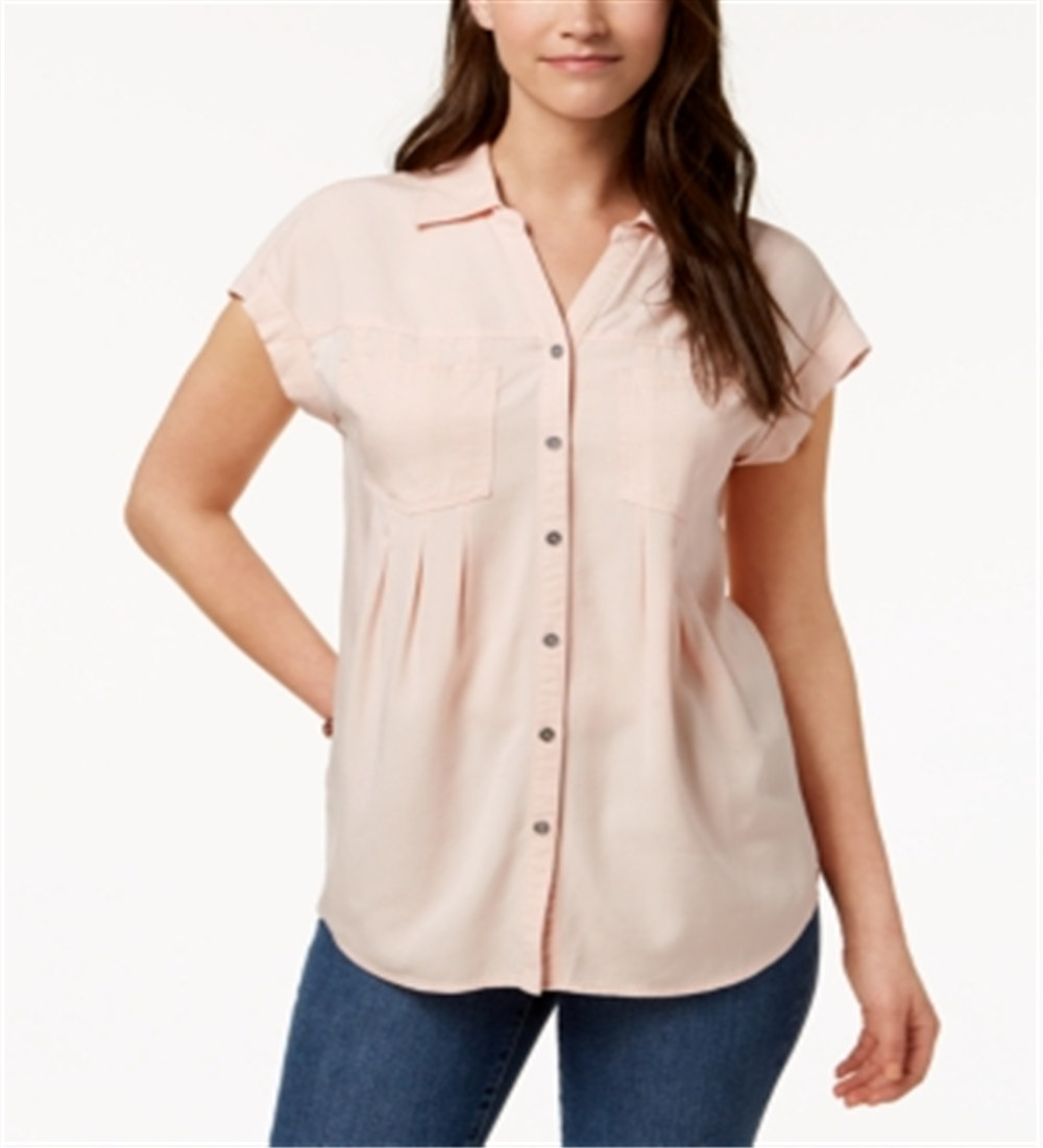 Style & Co Women's Collared Short Sleeve Henley Button up Wear to Work Top Pink Size Large