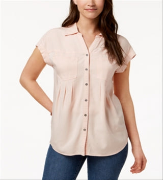 Style & Co Women's Collared Short Sleeve Henley Button up Wear to Work Top Pink Size Large