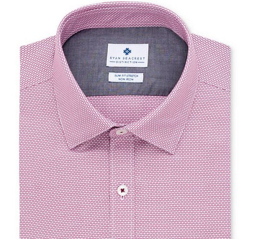 Ryan Seacrest Distinction Men's Ultimate Slim Fit Non Iron Performance Stretch Dobby Check Dress Shirt Pink Size 16.5X34-35