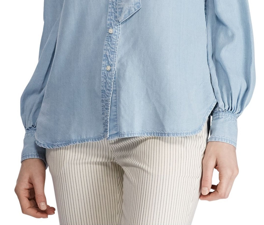 Ralph Lauren Women's Tie Neck Chambray Shirt Blue Size Large