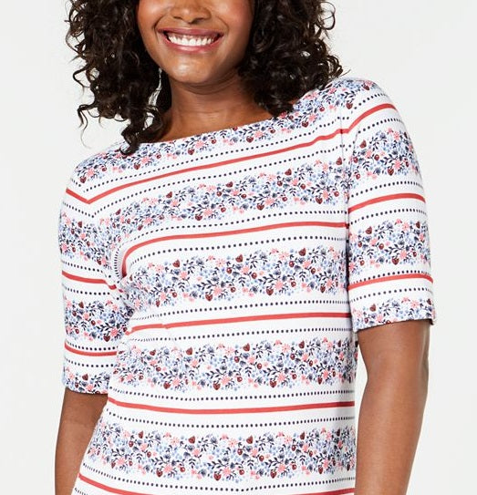 Karen Scott Women's  Printed Boat-Neck Top White Size S