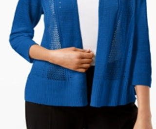 Alfani Women's Mixed Stitch Open Front Cardigan Blue Size Petite Small