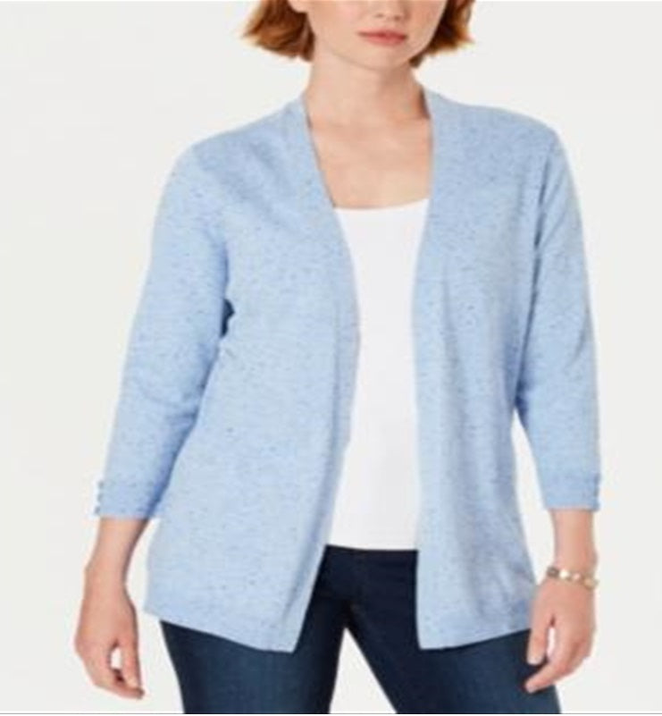 Karen Scott Women's Ribbed-Yoke Cardigan Sweater Blue Size M