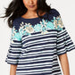Charter Club Women's Tropical Stripe Bell Sleeve Top Blue Size Large