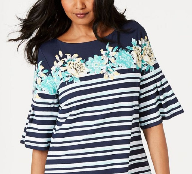 Charter Club Women's Tropical Stripe Bell Sleeve Top Blue Size Large