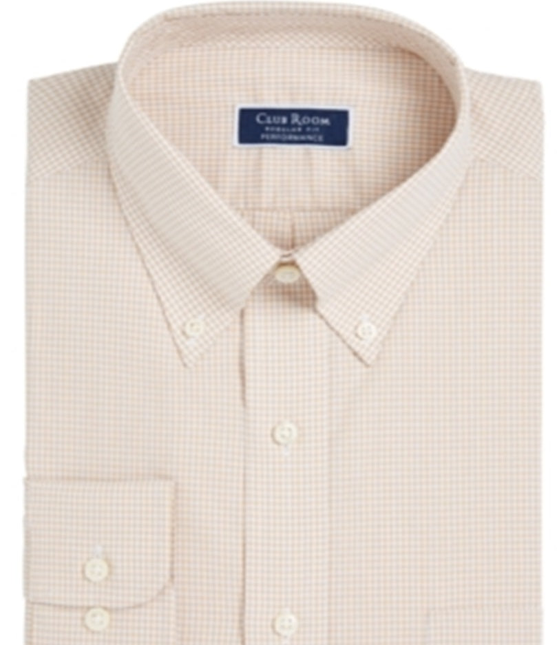 Club Room Mens Regular Fit Mini Gingham Dress Shirt Brown Size 34-35