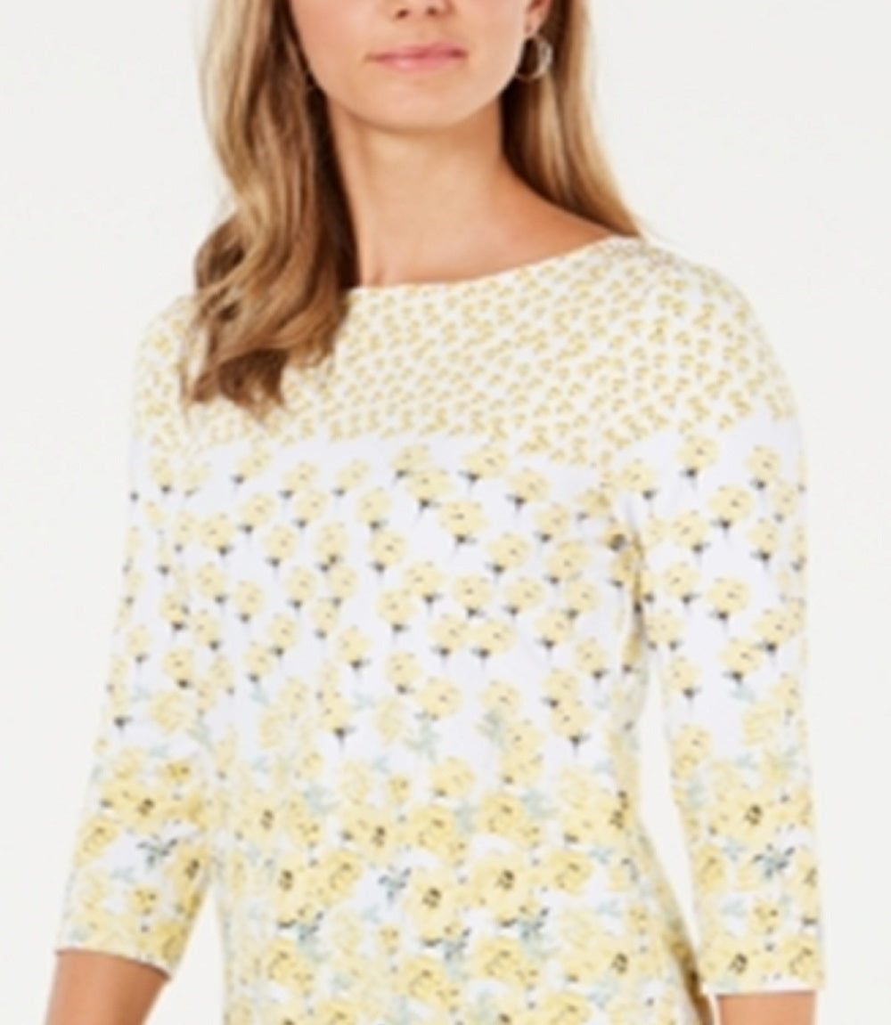 Charter Club Women's Floral Print Boat Neck Top White Size Large