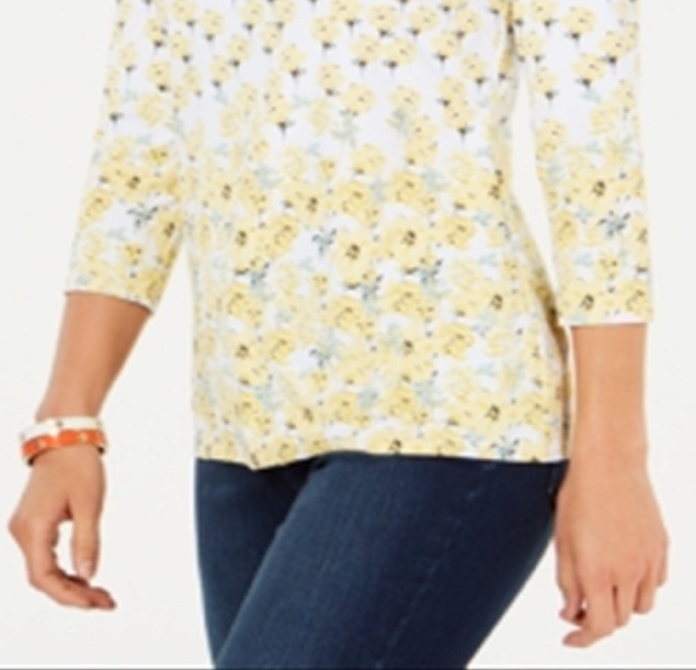 Charter Club Women's Floral Print Boat Neck Top White Size Large