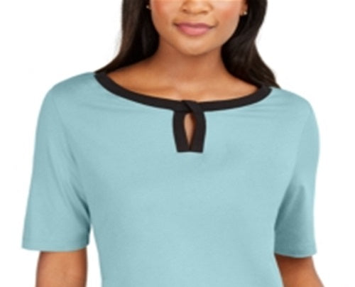 Karen Scott Women's Contrast Trim Keyhole Elbow Sleeve Top Blue Size Small